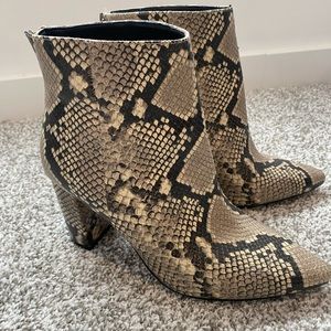 snake skin black and beige pointy toe ankle bootie